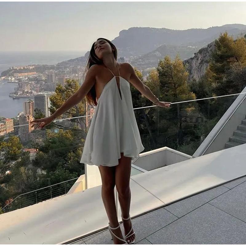 Ladies Sexy Deep V-neck Halter Suspender Dress Loose A-line Dress Skirt Party Dinner