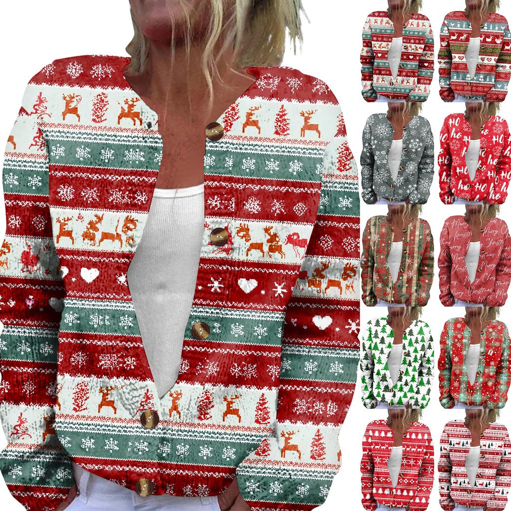 Women's Fashion Christmas Print Long Sleeve Knitted Cardigan Button Jacket