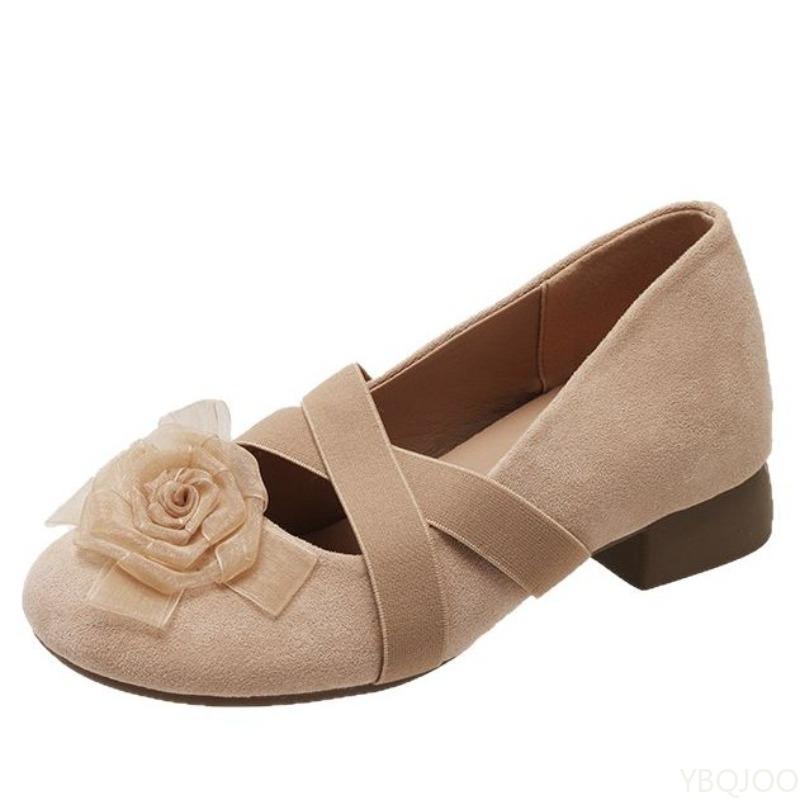 Retro minimalist Thick Heel Flower Women Shoes Ladies Casual Shallow mouth Elegant Round Toe Shoes Fashionable versatile shoes