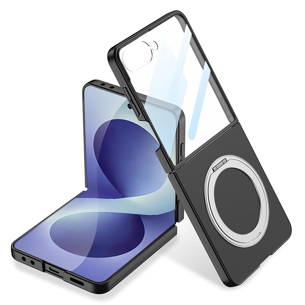 Für Samsung Galaxy Z Flip 8 5G Hülle Ultra-dünn Matt Magnetisch Drehbarer Ringhalter Kabelloses Laden Gehärtete Folie Hartschalenabdeckung