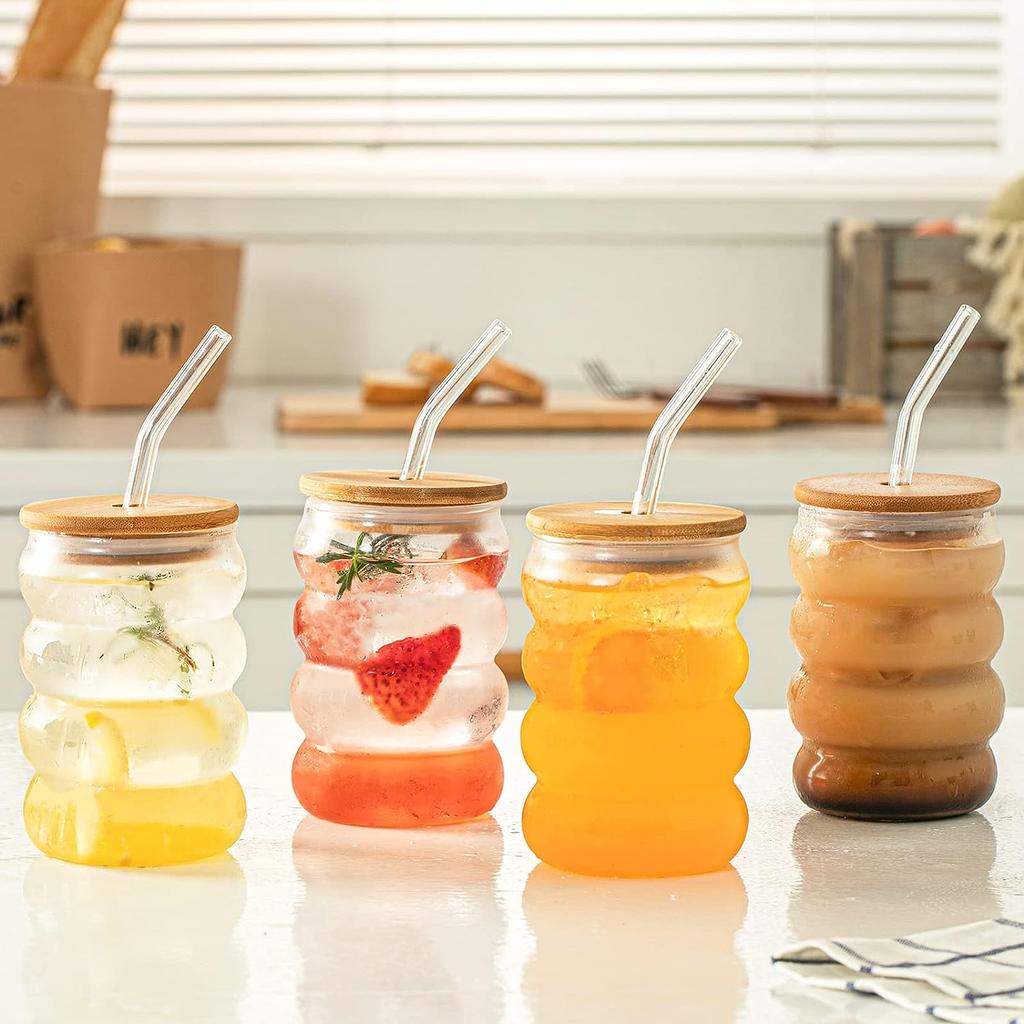 4 Pcs 480ML Creative Glass Cups Cute Ripple Shaped Vintage Drinking Glasses Ribbed Glassware with LIds Straws for  Coffee Juice