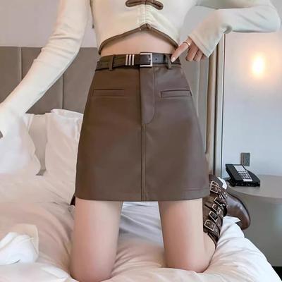 Black High Waist PU Leather A-line Skirt for Women - Hip Hugging, Slimming, Petite, Spring/Autumn 2025 Collection