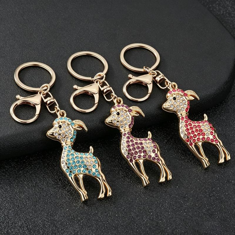 Golden Bighorn Sheep Rhinestone Inlaid Keychain Sturdy Clasp Lightweight Key Ring for Car Key Purse Bag Ornament