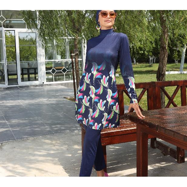 Banana Leaf Print Set Muslim Women Modest Seaside Swimwear Full Coverage Swimsuit Beachwear Burkini Swimsuit Set (Without Headscarf)