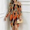 Women Plus Size Asymmetric Off Shoulder Long Sleeve Grey Black Leopard Print Irregular Wrap Bodycon Midi Dress