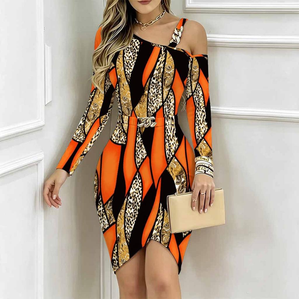 Women Plus Size Asymmetric Off Shoulder Long Sleeve Grey Black Leopard Print Irregular Wrap Bodycon Midi Dress