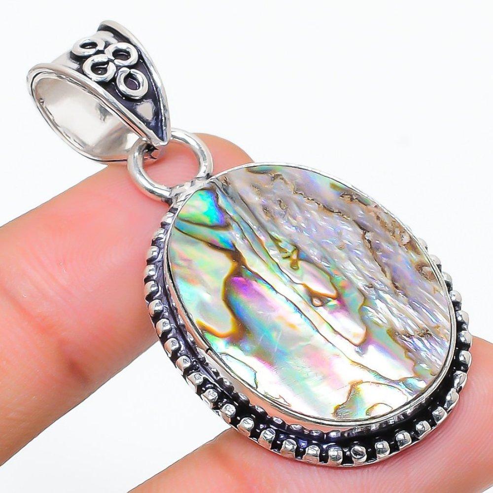 Natural Abalone Shell Gemstone 925 Sterling Silver Gift Pendant 1.85" e9O74