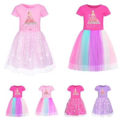 Kids Girls Witch Glinda Print Mesh Rainbow Round Neck Short Sleeves Casual Cotton Dress