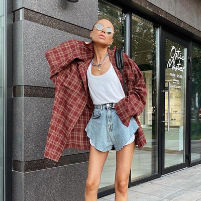Street Style Röda rutiga skjortor Dam Oregelbundna långärmade Oversized vintage blusar Höst Lösa toppar