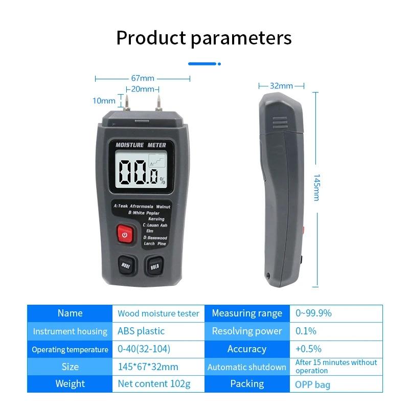 To pinner Digital trefuktighetsmåler Trefuktighetstester Hygrometer Tømmer Fuktdetektor Stor LCD-skjerm