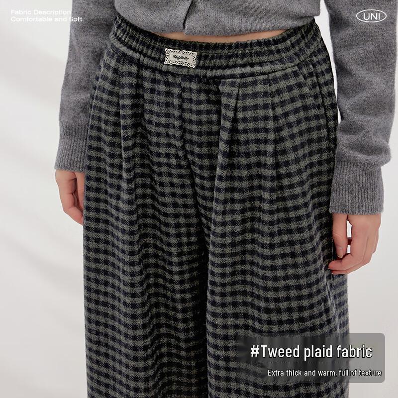 UNIFREE Retro Plaid Fleece-Lined Wide-Leg Casual Pants