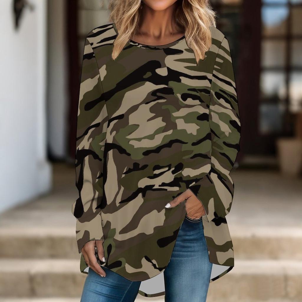 Women Long Sleeve Tunic Top Print Crew Neck Loose Fit Blouse With Pockets Casual Daily Wear Ladies Tops