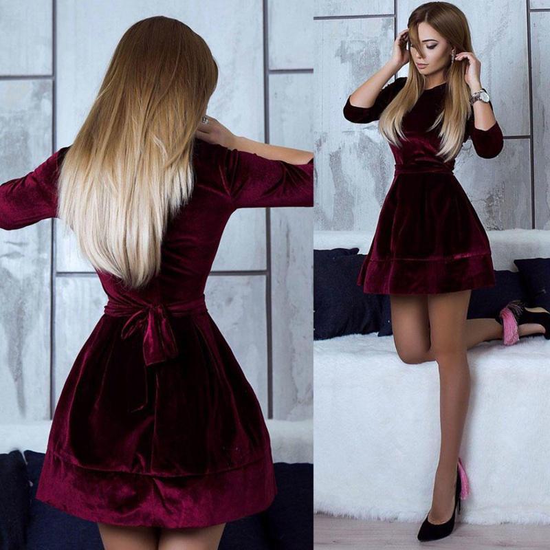 Elegant Women Dress Fashion Velvet Swing Plush Party Evening Prom Skater Midi Dress