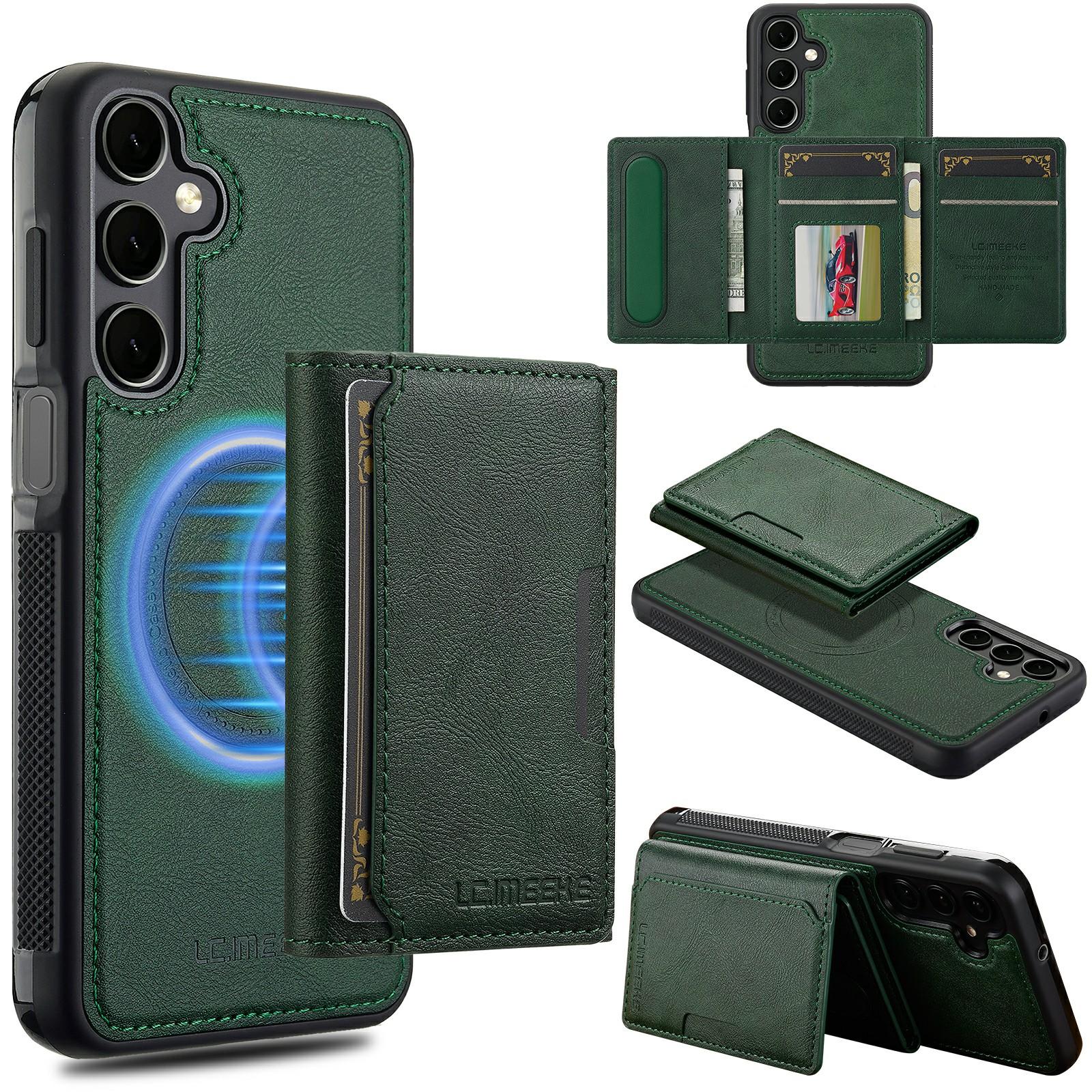 

LC.IMEEKE L5 For Samsung Galaxy S25 FE Magnetic Phone Case Leather Back Cover with Detachable Card Holder Green