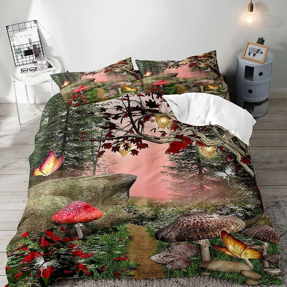 Psychedelic Mushroom Duvet Set Plant Bohemian Theme Bedding Quilt Set Three-Piece Set