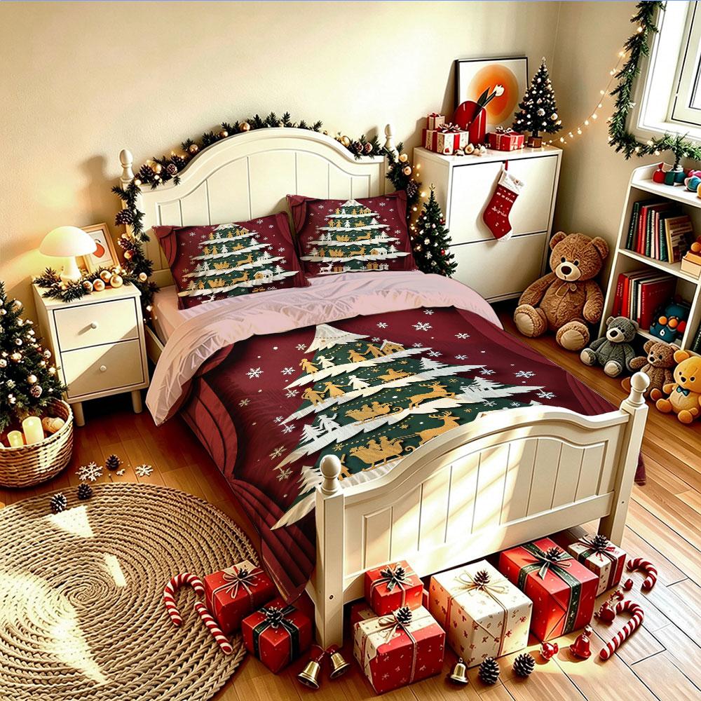 Christmas Duvet Cover Set 3Pcs 3D Paper Cut Xmas Tree Animals Print Soft Microfiber Bedding with Pillowcases