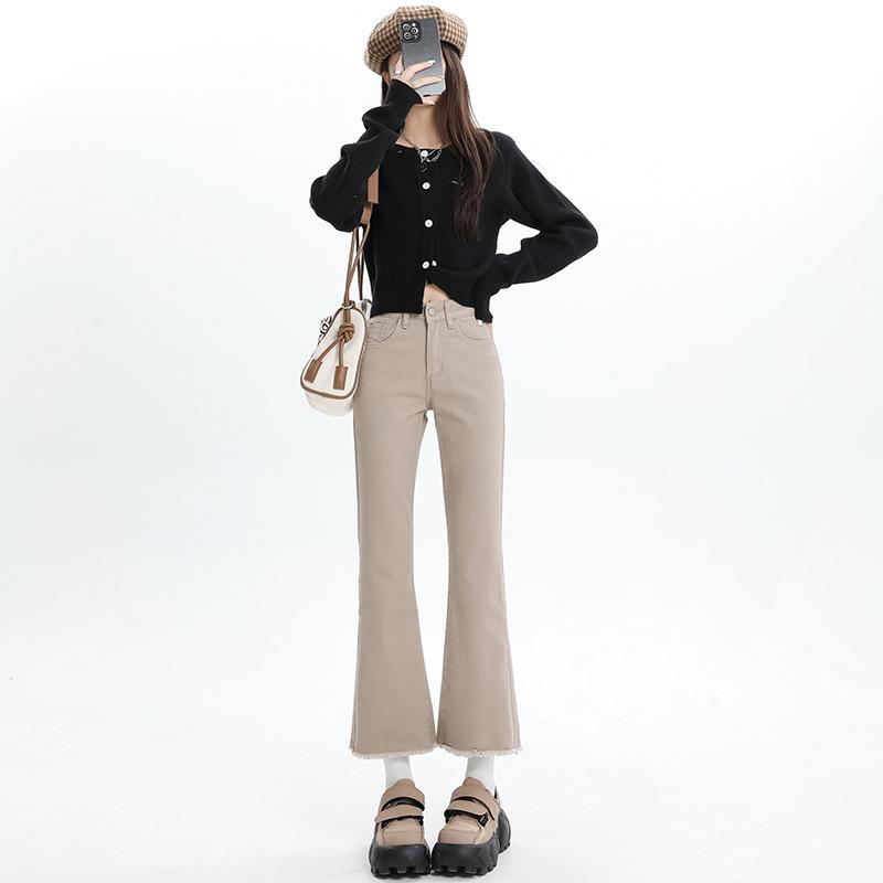 Retro blue denim micro-pull pants women's winter new versatile characteristic rough edge pants flared pants