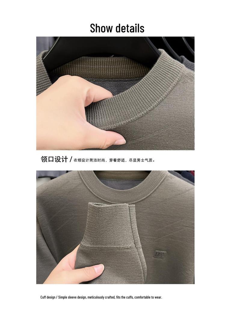 Men's Wool Knit Sweater with Fleece Lining - Thickened, Round Neck, Loose Casual Style, Warm Layer