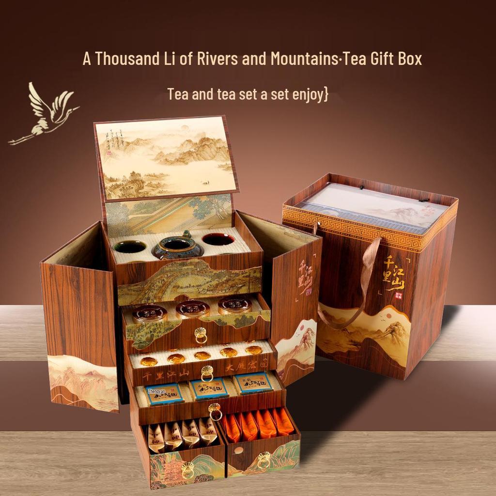 Premium Tea Gift Box: Oolong, Black, Pu-erh & Jasmine - A Thousand Li of Rivers and Mountains Collection