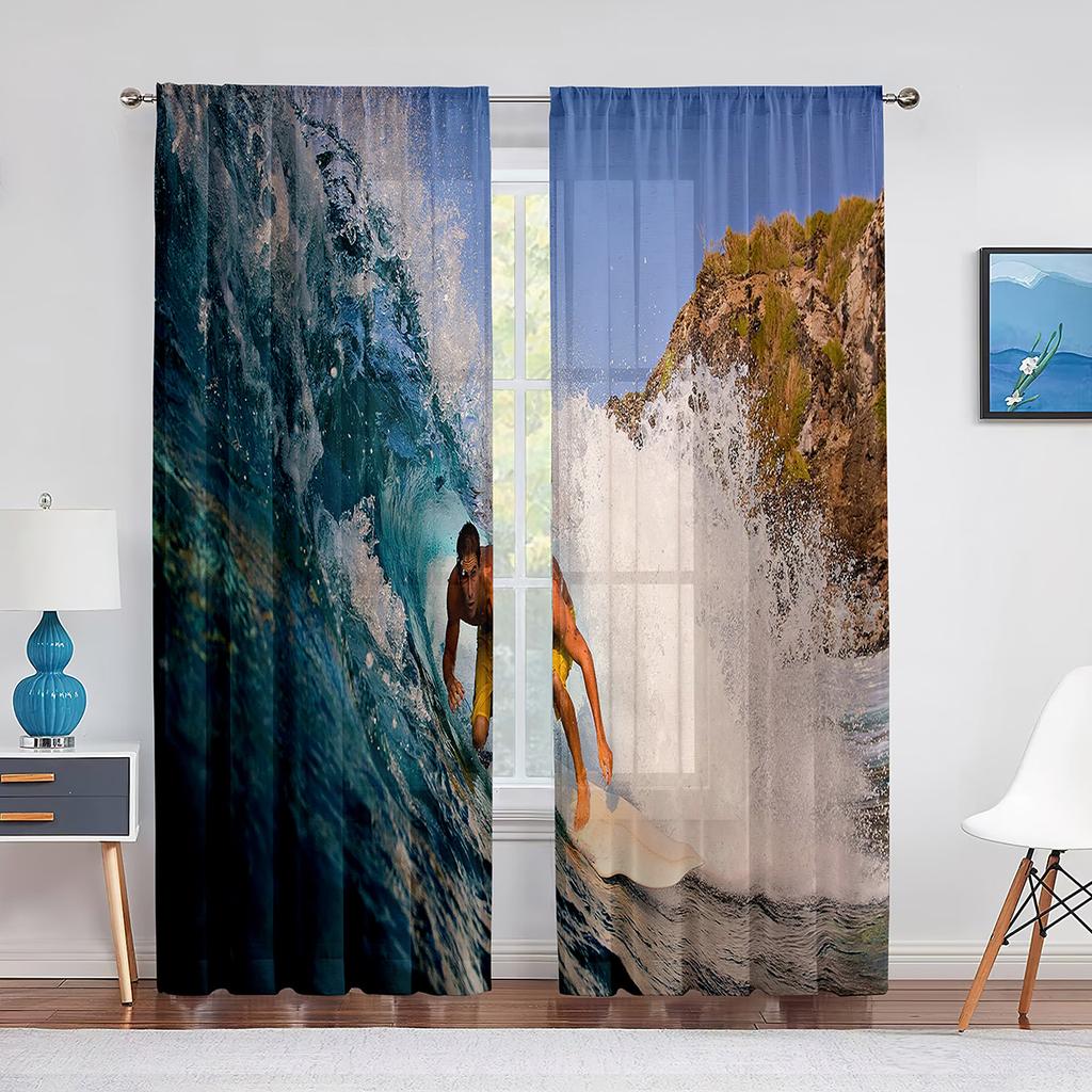 Ozeanwellen-Abenteuer Surfen Extremsport Tüllgardinen für Wohnzimmer Schlafzimmer Dekoration Transparente Voile-Fenstervorhänge Drapierungen