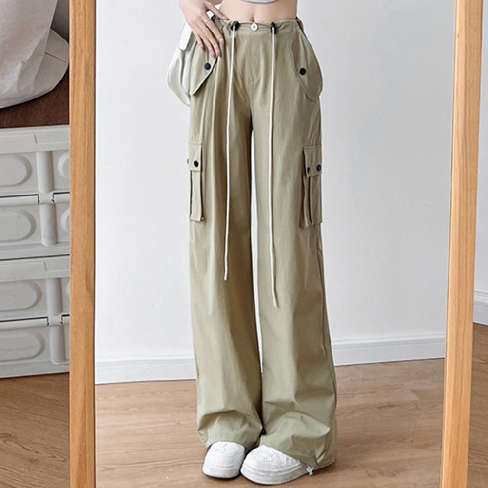Men Cargo Pants Elastic High Waist Casual Trousers with Multi Pockets Design Straight Wide Leg Sport Pants Streetwear