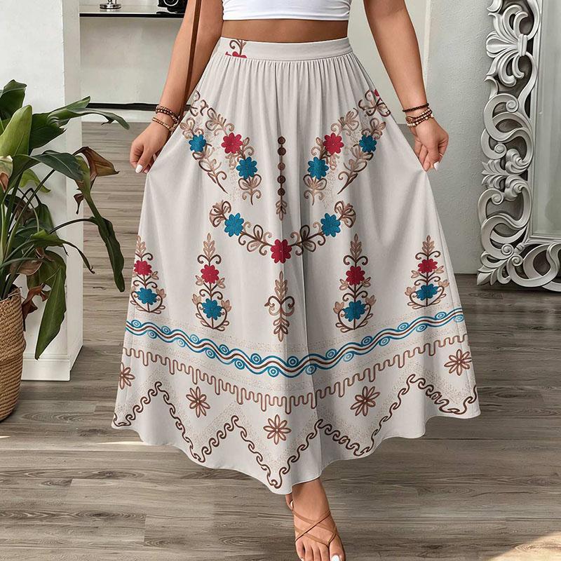 Vintage Floral Maxi Skirt Women High Waist A-Line Boho Resort Flowy Long Skirt
