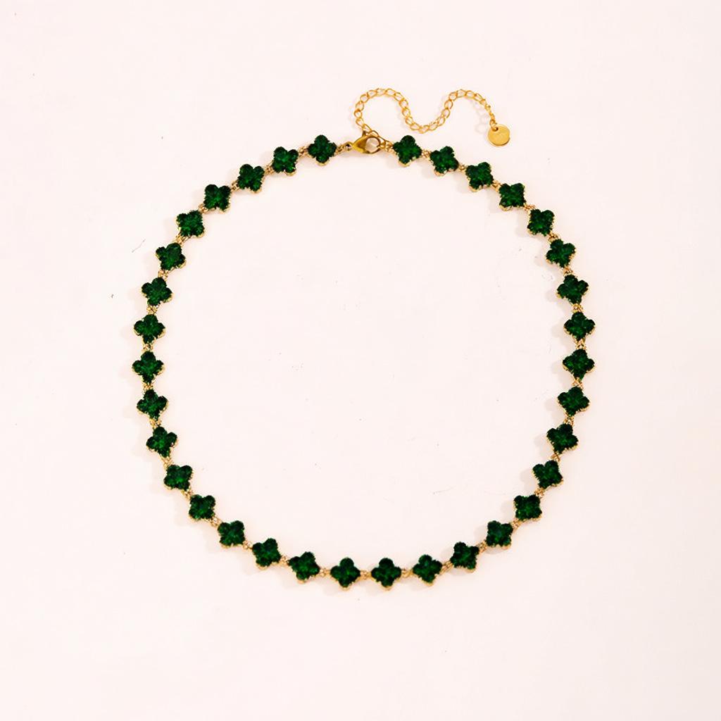 Colorful Diamond Four-Leaf Clover Jewelry Set - Necklace, Bracelet & Earrings for Women