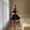  European and  women's clothing new floral neck backless short top high waist ruffle edge short skirt set