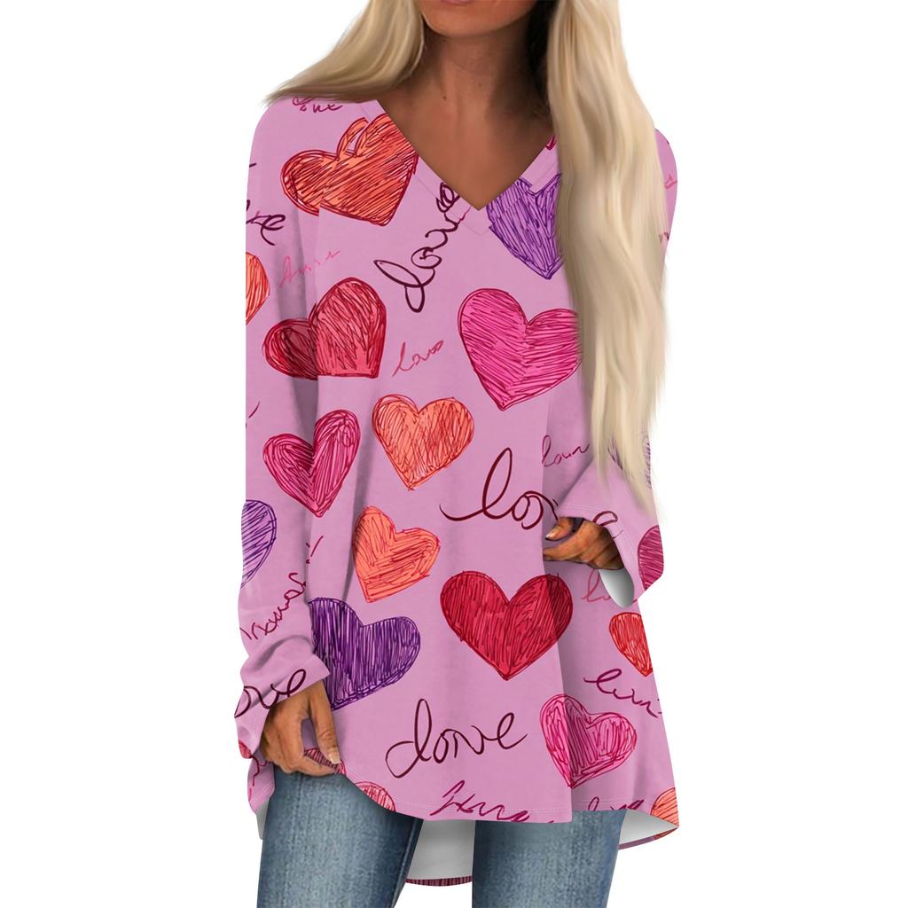 Women's Fashionable Casual Long-Sleeved Valentine's Day Print V-Neck Mid-Length Top