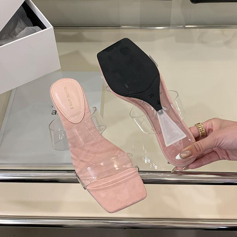 Fashion Fashion Transparent Heels Women Wedges Slippers Shoes Square Toe Ladies Heeled Sandals Slippers Shoes Female Slides Pumps