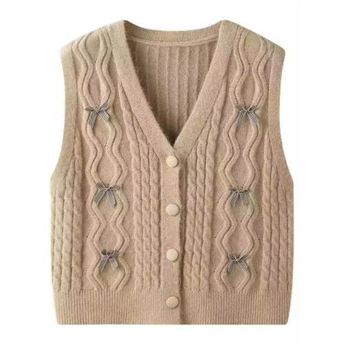Spring and Autumn Thickened Bow V-neck Knitted Vest Women's Youthful Outerwear Cardigan Top