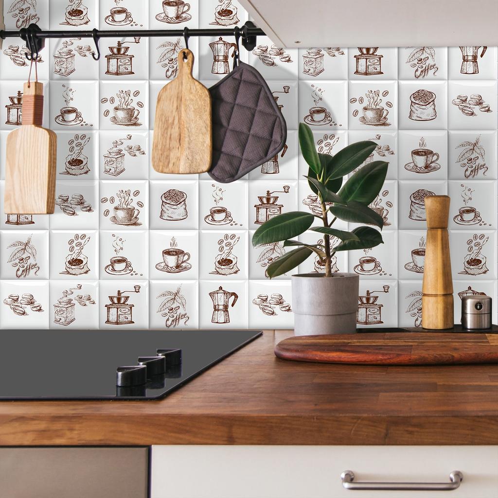 10 Stück Einfacher Stil Skizze Kaffee Wandaufkleber Imitation Ziegel Schlafzimmer Dekoration Wasserdicht Selbstklebende Fliesen Tapete Küchenschrank Dekor