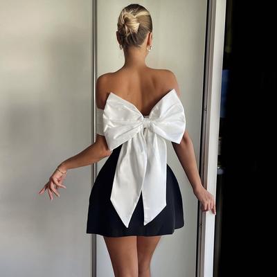 Frauen Zurück Große Bogen Dekoration Mini Kleid Herbst Mode Off Schulter Ärmellose Rückenfreie Kleider Hohe Taille Party Kleider
