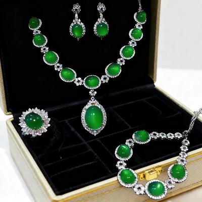 Meiji Green Chalcedony Luxury Jewelry Set: Necklace, Earrings, Ring, Bracelet
