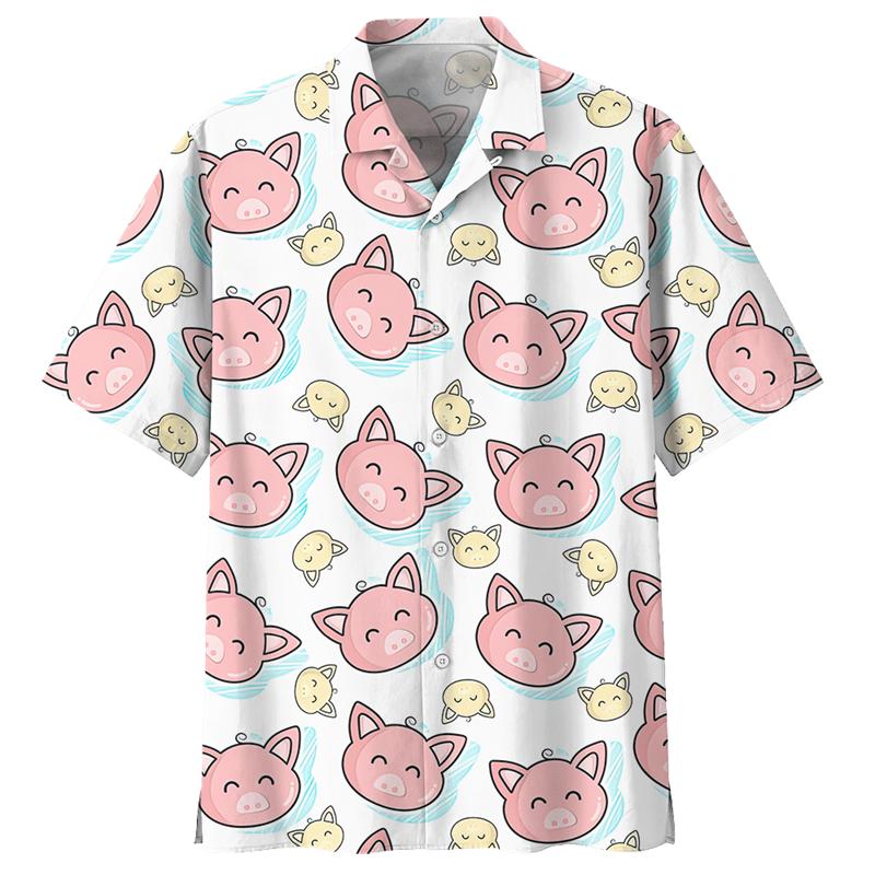 Cartoon Schwein Muster Hawaiihemd für Herren 3D Gedruckte Tiere Kurze Ärmel Sommer Revers Übergroße Hemden Street Button Blusen