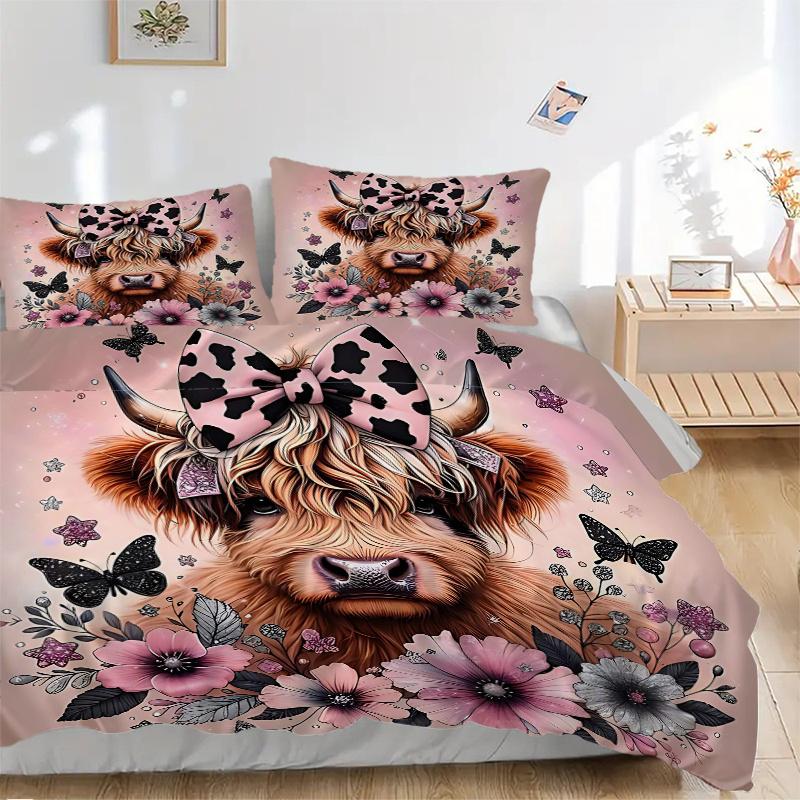 3pcs Domineering Cow & Flower Design Pattern Bedding Set, 1* Cover + 2*Pillowcases, Printed Bedding Set, Soft and ComfortableM051