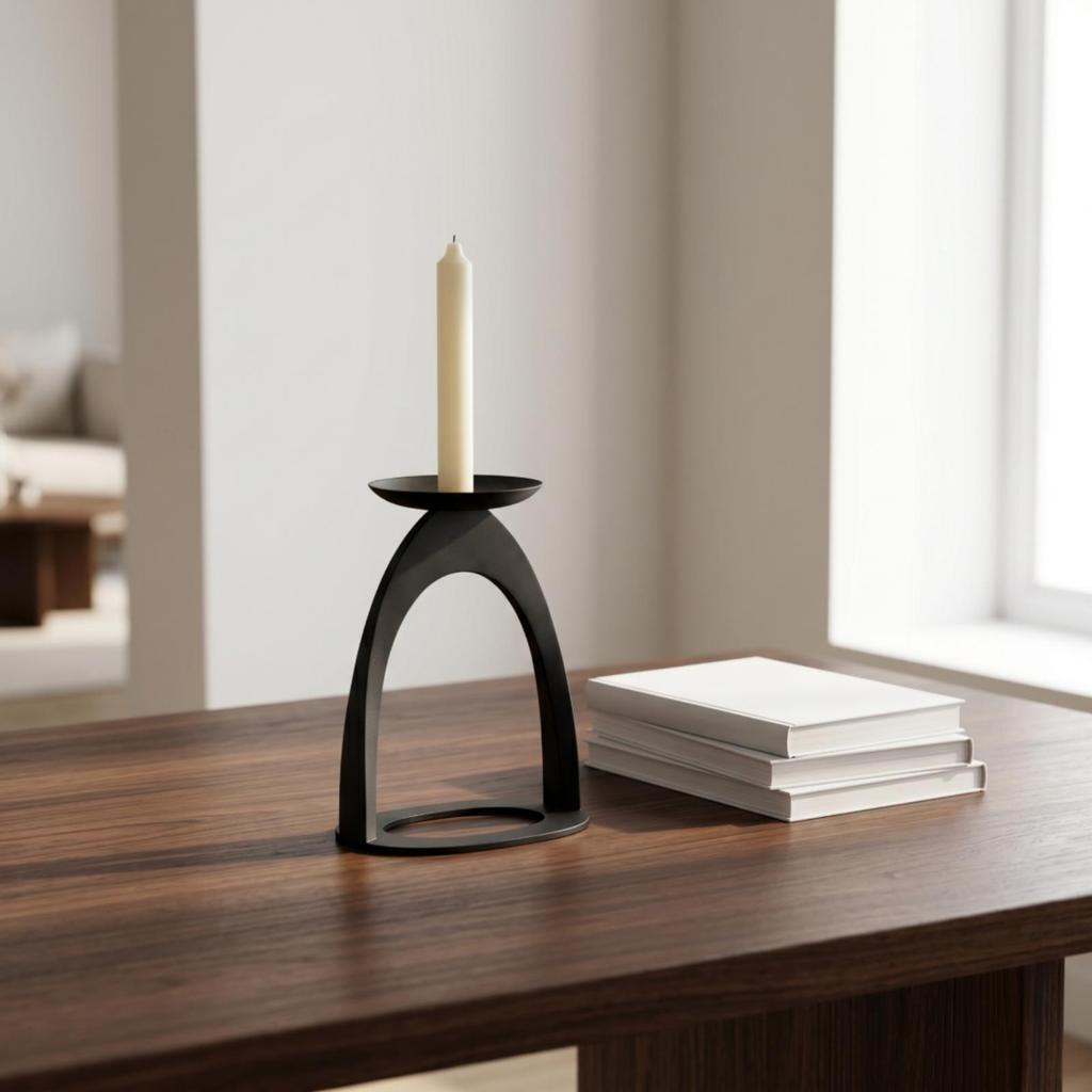 Candle Holder with Arched Frame Matte Black Pillar Sculptural Decor for Living Room,