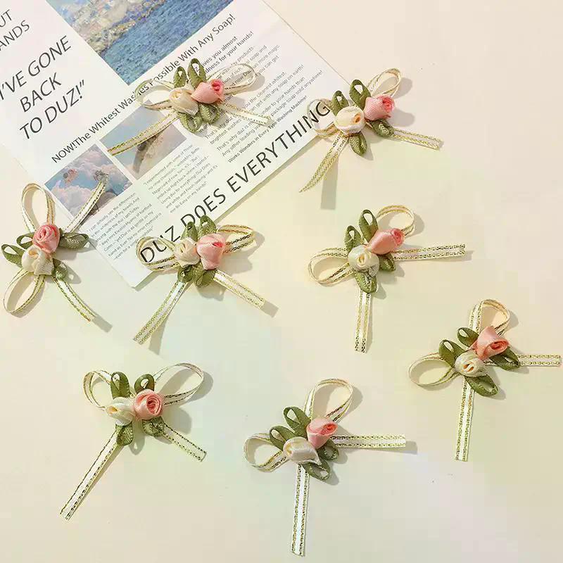 (10pcs/pack) 4.5cm Rose Bud Bow White Pink 2 Rose Bows Wedding Gift Box Hair Accessories Home Christmas Bows Decoration