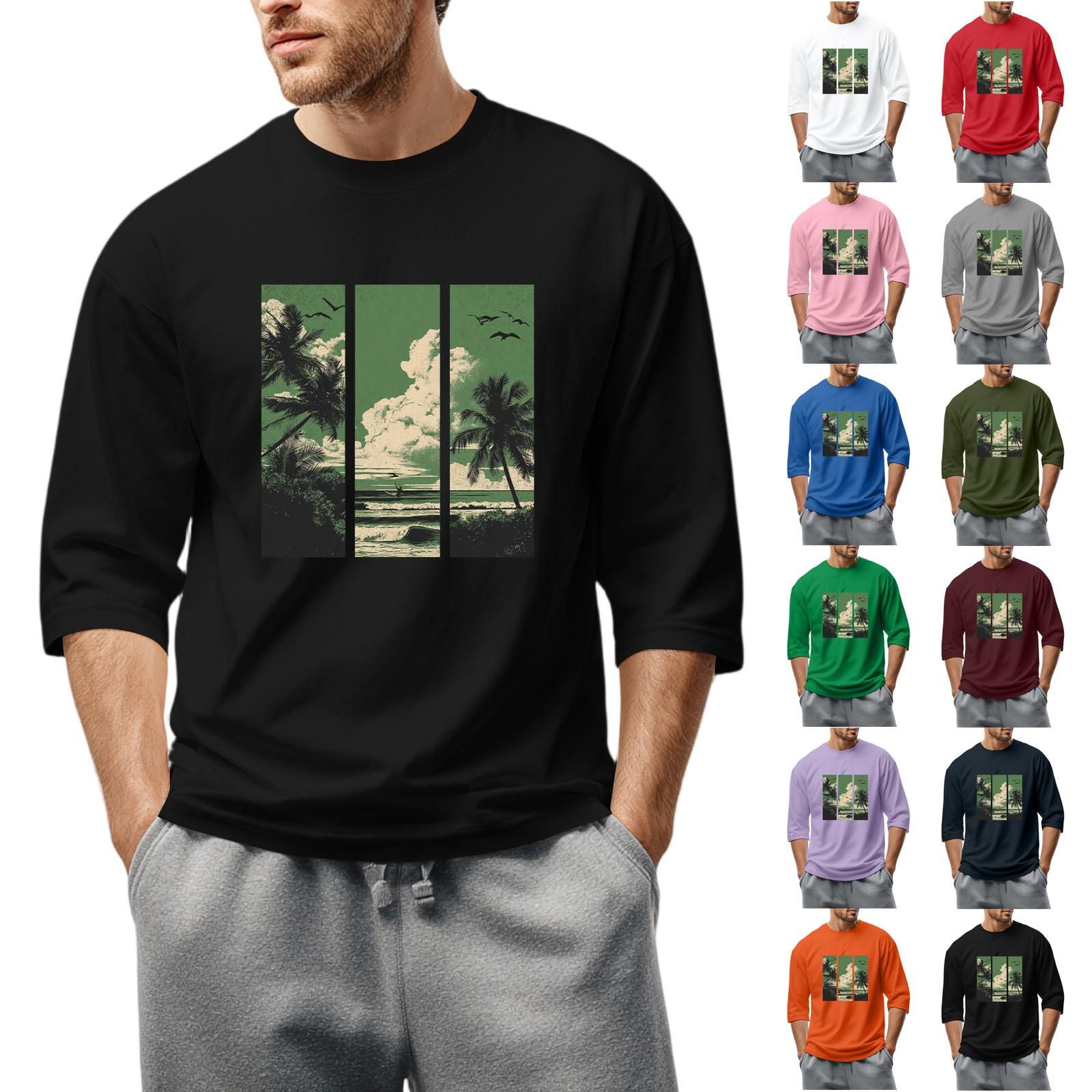 

Men S Round Neck Three-Quarters Sleeve Top Casual Fashion T-Shirt L армія зелений колір