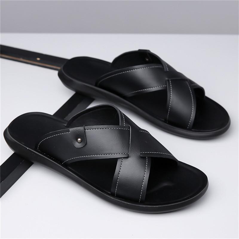 Summer Men Classic Lightweight One-line Slippers Men Anti-slip Pu Leather Casual Cool Slippers With Soft Beach Vacation Shoes