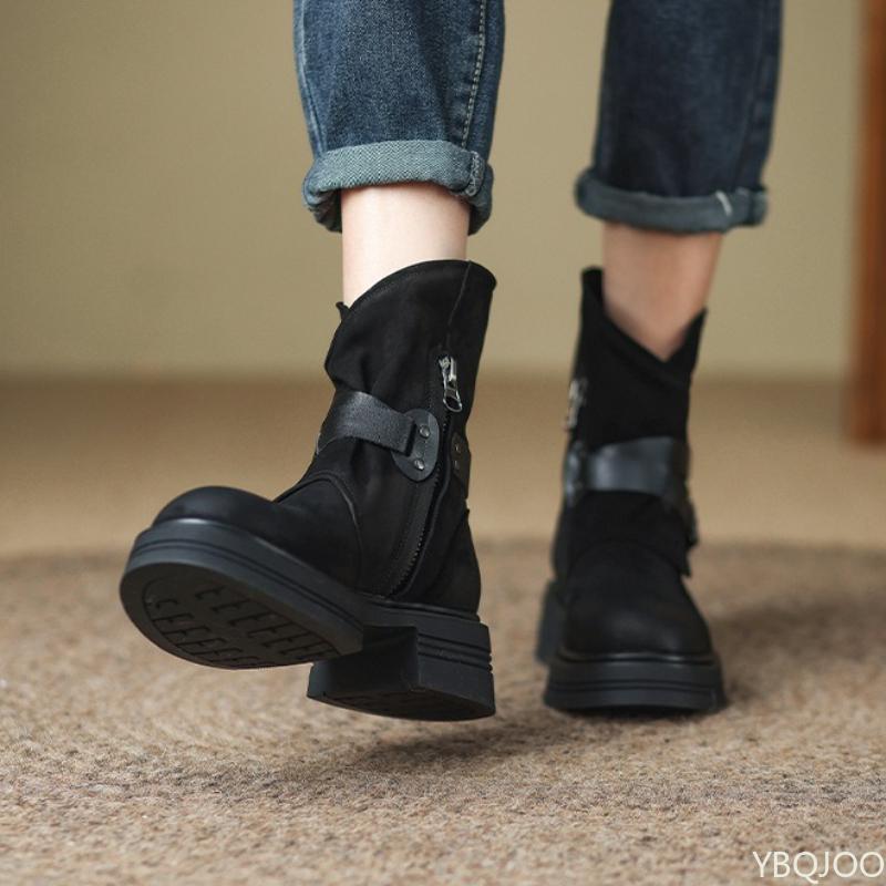 Buty na grubej podeszwie dla kobiet na jesień zimę niszowe retro brązowe krótkie botki modne proste wygodne wszechstronne damskie buty