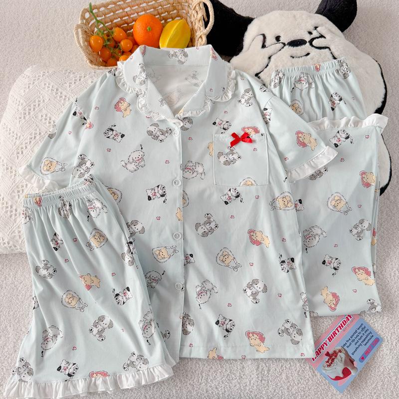 Süße Welpen-Imitation Baumwollkante hochwertiger Sommer Damenpyjama kurzärmelige Loungewear dreiteiliges Set