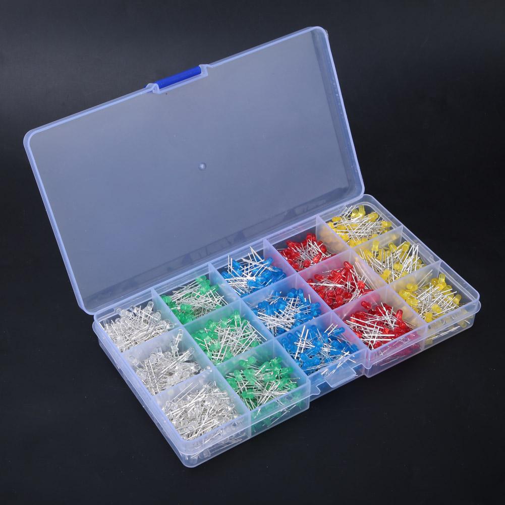 1000Pcs Assorted Color Red Yellow Blue Green White 3mm LED Light Emitting Diode Kit Box