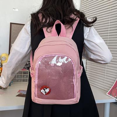 Mochila escolar feminina estilo japonês de nylon pequena, transparente, animes, pin display, bolsa escolar itabag com bolso transparente