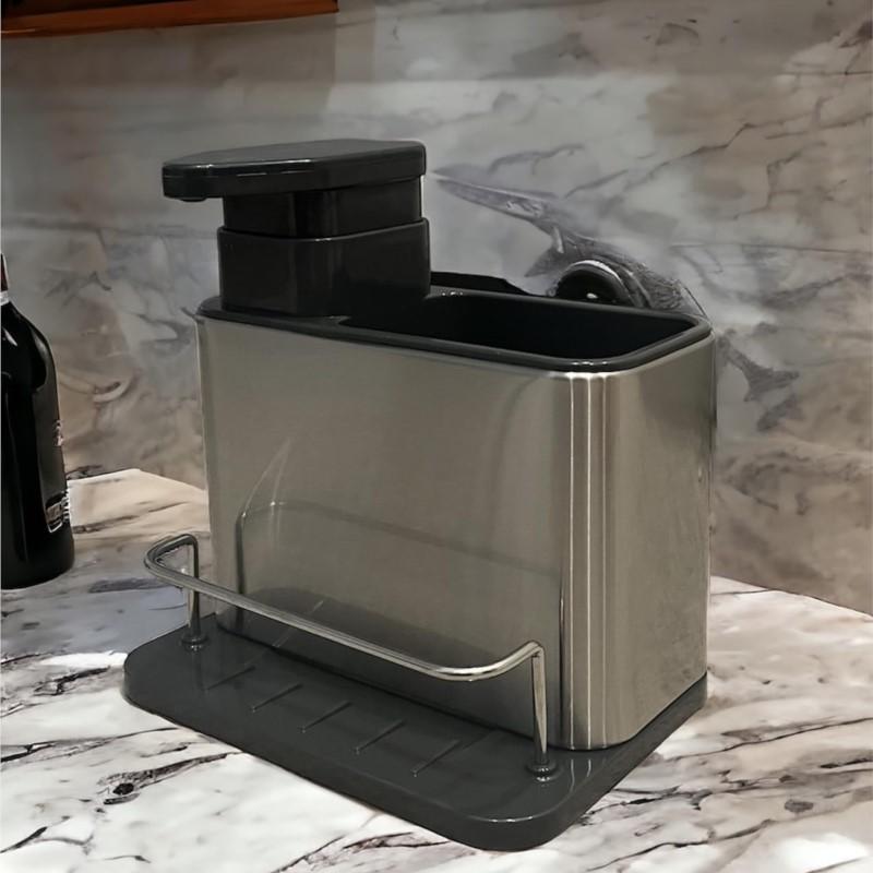 3-in-1 Kitchen Soap Dispenser Sponge Holder Dish Soap Dispenser Stainless Steel Sink Organizer Tray Rustproof Drainer Rack