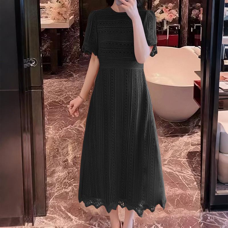 ZANZEA Elegant Ladies Round Neck Short Sleeve Collect Waist Patchwork Lace Dress