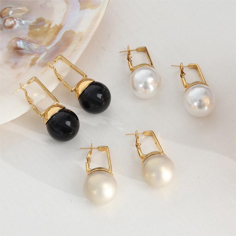 Black Beads Pendant Earrings For Women Stainless Steel Gold Plated Earrings Women's Imitation Pearl Earring Luxury Woman Jewelry