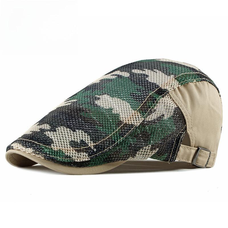 Summer Camouflage Mesh Beret Hat for Men Women Breathable Flat Cap Outdoor Sun Protection Duckbill Cap Casual Newsboy Hat Adjustable Peaked Cap Adjustable(55-60cm) хаки
