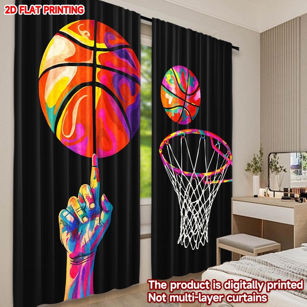 Set Of 2 Flat Printing Drapes Colorful Basketball Digital Printed Polyester Birthday Party Indoor Celebrations Curtain