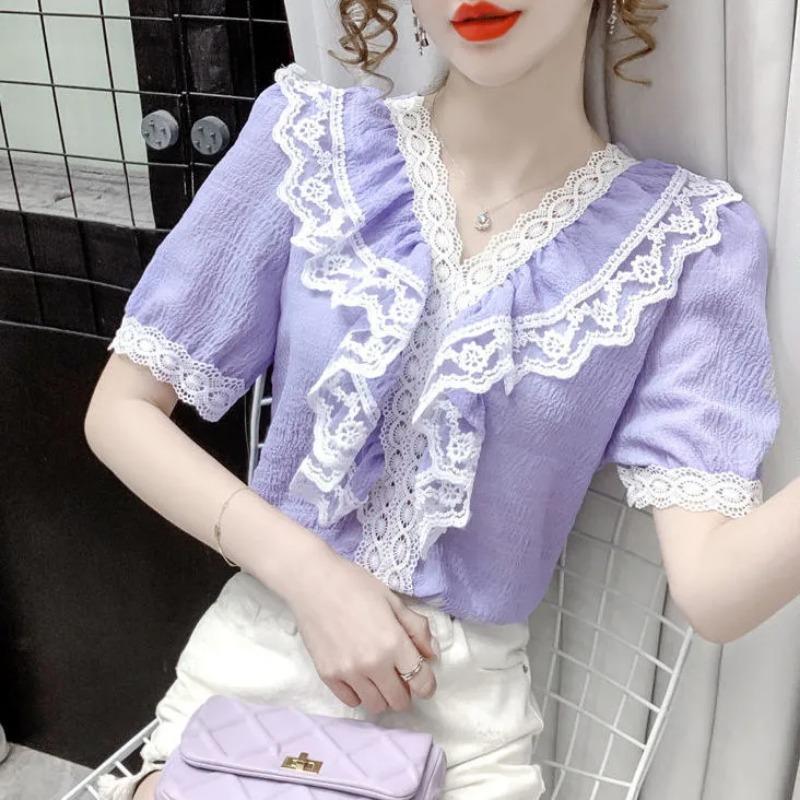 New Korean Style Summer New Puff Sleeve Shirt Ruffled Top Lace Short Sleeve Chiffon Shirt for Women
